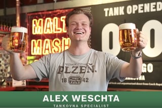 Alex Weschta with fresh beers from a serving beer tank